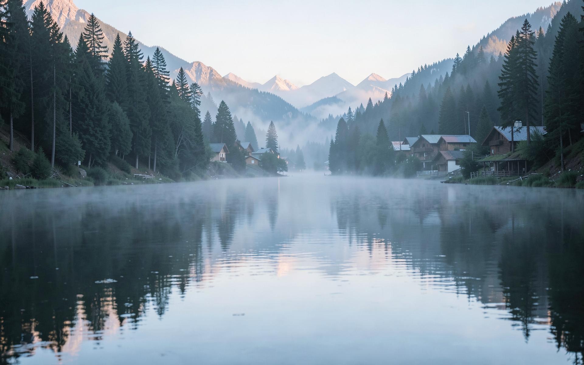 Misty morning over the lake and pines at Lake Arrowhead, California