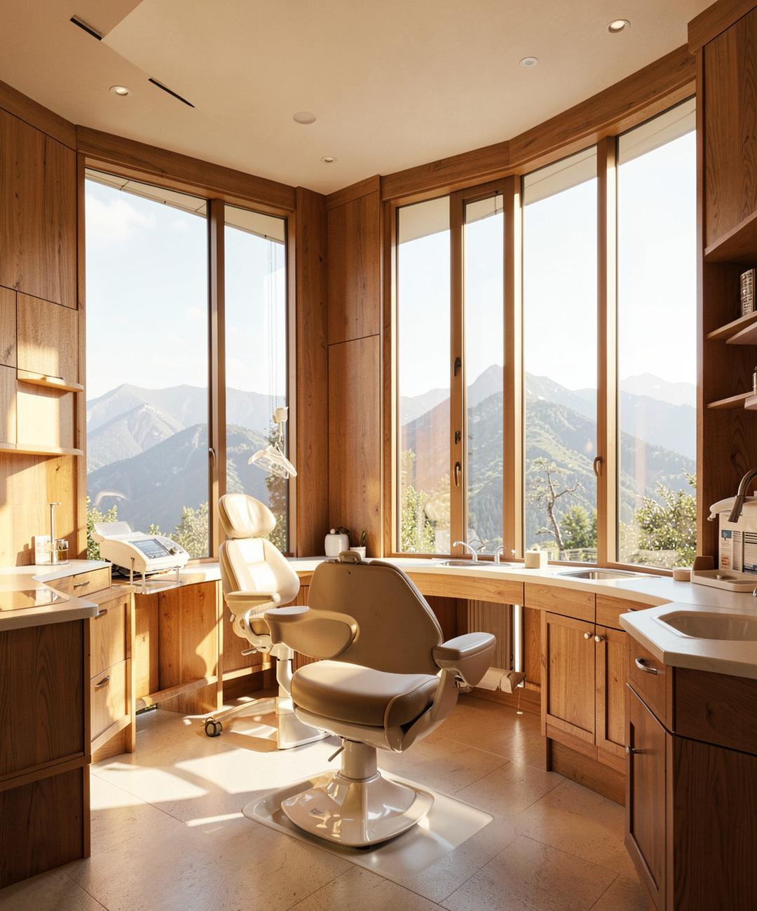 Sunlit treatment room with wood details and a mountain view